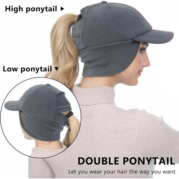 〽️Women’s Dark Grey Fleece Winter Hat Reflective Ponytail Ear Flap main image 4